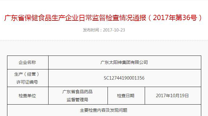 54項檢查全部符合要求！廣東食藥監公布太陽神日常監督檢查情況